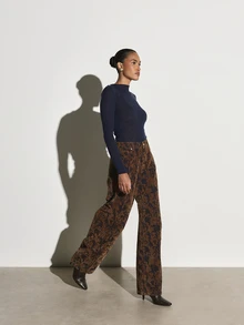 KSTM Wide Leg High Rise Abstract Print Velvet Trousers Full Length Palazzo Style Fall Winter Statement Pants - Multicolor - View 5