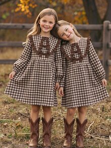 SHEIN Kids Tween Girl Plaid Casual Summer Travel Dress - Brown - View 7