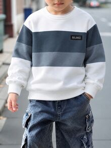 SHEIN Young Boy Casual Comfortable Fashion Minimalist Round Neck Short Sleeve Long Pants T-Shirt Set, Classic Cool Square Split Pattern Print, Cool Exquisite Small Logo Text Pattern Print, Suitable For Autumn/Winter Back To School Season - Blue and White - View 3