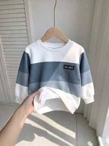 SHEIN Young Boy Casual Comfortable Fashion Minimalist Round Neck Short Sleeve Long Pants T-Shirt Set, Classic Cool Square Split Pattern Print, Cool Exquisite Small Logo Text Pattern Print, Suitable For Autumn/Winter Back To School Season - Blue and White - View 4