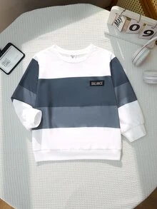 SHEIN Young Boy Casual Comfortable Fashion Minimalist Round Neck Short Sleeve Long Pants T-Shirt Set, Classic Cool Square Split Pattern Print, Cool Exquisite Small Logo Text Pattern Print, Suitable For Autumn/Winter Back To School Season - Blue and White - View 5