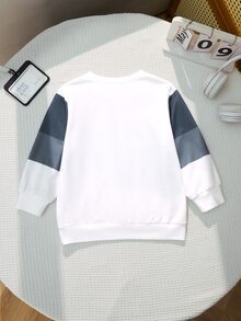 SHEIN Young Boy Casual Comfortable Fashion Minimalist Round Neck Short Sleeve Long Pants T-Shirt Set, Classic Cool Square Split Pattern Print, Cool Exquisite Small Logo Text Pattern Print, Suitable For Autumn/Winter Back To School Season - Blue and White - View 7