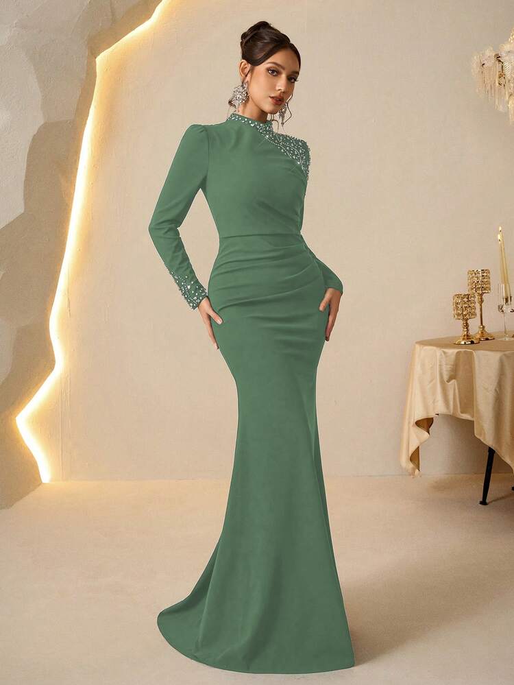 Coutiva Women's Rhinestone Decor Stand Collar Fitted Fishtail Hem High-End Elegant Luxury Formal Gown, Suitable For Banquet And Ball - Green - View 4