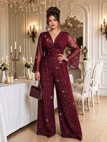 Roveilla Plus Size Formal Evening Party Cocktail Burgundy Silver Foil Glitter Deep V-Neck Mesh Patchwork Bell Sleeve Long Sleeve Cinched Waist Jumpsuit Fall - Burgundy - View 1