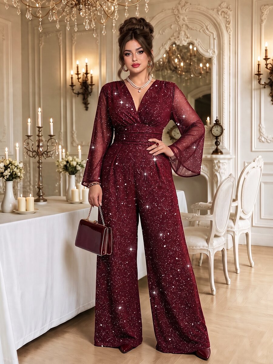 Roveilla Plus Size Formal Evening Party Cocktail Burgundy Silver Foil Glitter Deep V-Neck Mesh Patchwork Bell Sleeve Long Sleeve Cinched Waist Jumpsuit Fall - Burgundy - View 1