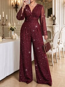 Roveilla Plus Size Formal Evening Party Cocktail Burgundy Silver Foil Glitter Deep V-Neck Mesh Patchwork Bell Sleeve Long Sleeve Cinched Waist Jumpsuit Fall - Burgundy - View 7
