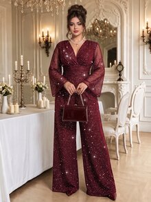 Roveilla Plus Size Formal Evening Party Cocktail Burgundy Silver Foil Glitter Deep V-Neck Mesh Patchwork Bell Sleeve Long Sleeve Cinched Waist Jumpsuit Fall - Burgundy - View 5