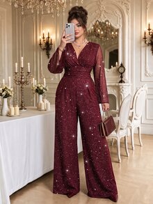 Roveilla Plus Size Formal Evening Party Cocktail Burgundy Silver Foil Glitter Deep V-Neck Mesh Patchwork Bell Sleeve Long Sleeve Cinched Waist Jumpsuit Fall - Burgundy - View 4