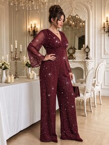 Roveilla Plus Size Formal Evening Party Cocktail Burgundy Silver Foil Glitter Deep V-Neck Mesh Patchwork Bell Sleeve Long Sleeve Cinched Waist Jumpsuit Fall - Burgundy - View 6