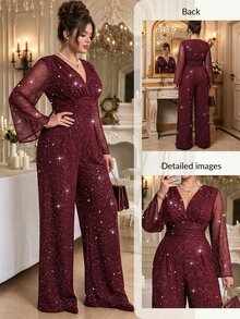 Roveilla Plus Size Formal Evening Party Cocktail Burgundy Silver Foil Glitter Deep V-Neck Mesh Patchwork Bell Sleeve Long Sleeve Cinched Waist Jumpsuit Fall - Burgundy - View 3