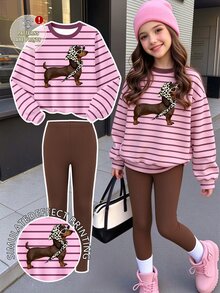 (1 Set) Tween Girls Autumn/Winter Fashion Leopard Print Headband, Puppy Pink & Brown Striped Crew Neck Sweatshirt With Leggings - Multicolor - View 3