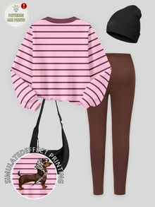 (1 Set) Tween Girls Autumn/Winter Fashion Leopard Print Headband, Puppy Pink & Brown Striped Crew Neck Sweatshirt With Leggings - Multicolor - View 2