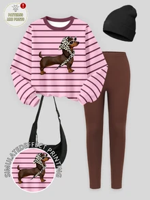 (1 Set) Tween Girls Autumn/Winter Fashion Leopard Print Headband, Puppy Pink & Brown Striped Crew Neck Sweatshirt With Leggings - Multicolor - View 4