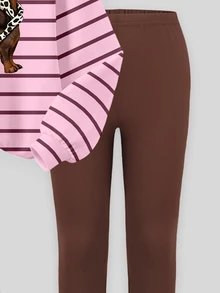 (1 Set) Tween Girls Autumn/Winter Fashion Leopard Print Headband, Puppy Pink & Brown Striped Crew Neck Sweatshirt With Leggings - Multicolor - View 6