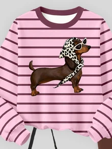 (1 Set) Tween Girls Autumn/Winter Fashion Leopard Print Headband, Puppy Pink & Brown Striped Crew Neck Sweatshirt With Leggings - Multicolor - View 5