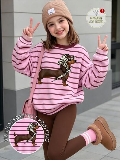 Tween Girls 2 Pcs Puppy Print Striped Crew Neck Sweatshirt With Leggings & Leopard Headband, Pink Brown Outfit, Fall Sets Outfit