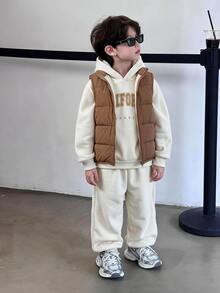 Conjunto de 3 piezas para niño preadolescente, sudadera holgada de punto con cuello redondo y estampado de letras, pantalones de punto y abrigo acolchado tipo parka para invierno, estilo casual streetwear, adecuado para otoño/invierno - Albaricoque - Ver 2