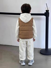 Conjunto de 3 piezas para niño preadolescente, sudadera holgada de punto con cuello redondo y estampado de letras, pantalones de punto y abrigo acolchado tipo parka para invierno, estilo casual streetwear, adecuado para otoño/invierno - Albaricoque - Ver 6