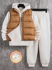 Conjunto de 3 piezas para niño preadolescente, sudadera holgada de punto con cuello redondo y estampado de letras, pantalones de punto y abrigo acolchado tipo parka para invierno, estilo casual streetwear, adecuado para otoño/invierno - Albaricoque - Ver 4