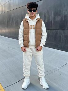 Conjunto de 3 piezas para niño preadolescente, sudadera holgada de punto con cuello redondo y estampado de letras, pantalones de punto y abrigo acolchado tipo parka para invierno, estilo casual streetwear, adecuado para otoño/invierno - Albaricoque - Ver 3
