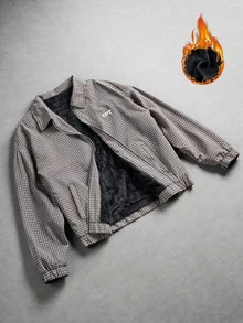 Manfinity Roghcode 格紋羊羔絨哈靈頓夾克，男士復古灰色格紋萬聖節寬鬆加厚外套，冬季週末街頭風度假夜店穿搭 - 卡其色 - 查看 4