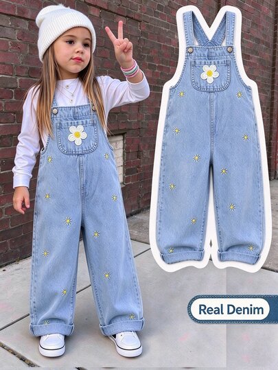 SHEIN Young Girls Light Wash Blue Denim Wide Strap Sleeveless Long Loose Floral Denim Overalls & Jumpsuit With Embroidered & Pockets, Casual