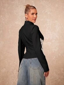 Lumalex 女款優雅通勤黑白拼接黑色蕾絲設計西裝外套，秋季女裝 - 黑與白 - 查看 7