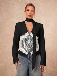 Lumalex 女款優雅通勤黑白拼接黑色蕾絲設計西裝外套，秋季女裝 - 黑與白 - 查看 4