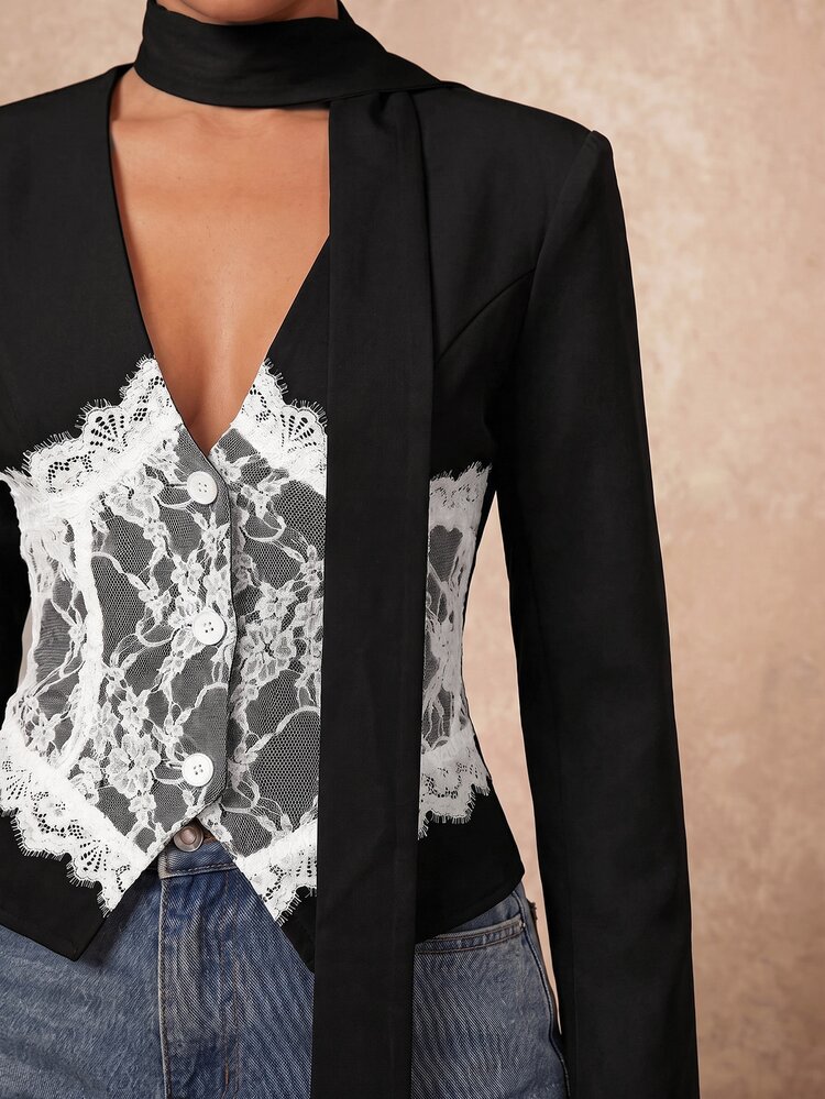 Lumalex Women's Elegant Commuter Black White Color Blocking With Black Lace Design Blazer Fall For Women - Black and White - View 12
