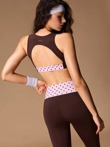VARSIVA Women's Polka Dot Print Tank Top And Contrast Color Slim Fit Leggings Sports Set Gym Workout Brown And Pink Polka Dot Fall Athleisure Athletic Sporty - Multicolor - View 8