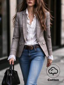 SHEIN 女款秋冬棉質格紋大翻領長袖西裝外套 辦公商務灰色格紋 秋季休閒時尚復古風 - 彩色 - 查看 2