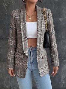 SHEIN 女款秋冬棉質格紋大翻領長袖西裝外套 辦公商務灰色格紋 秋季休閒時尚復古風 - 彩色 - 查看 8