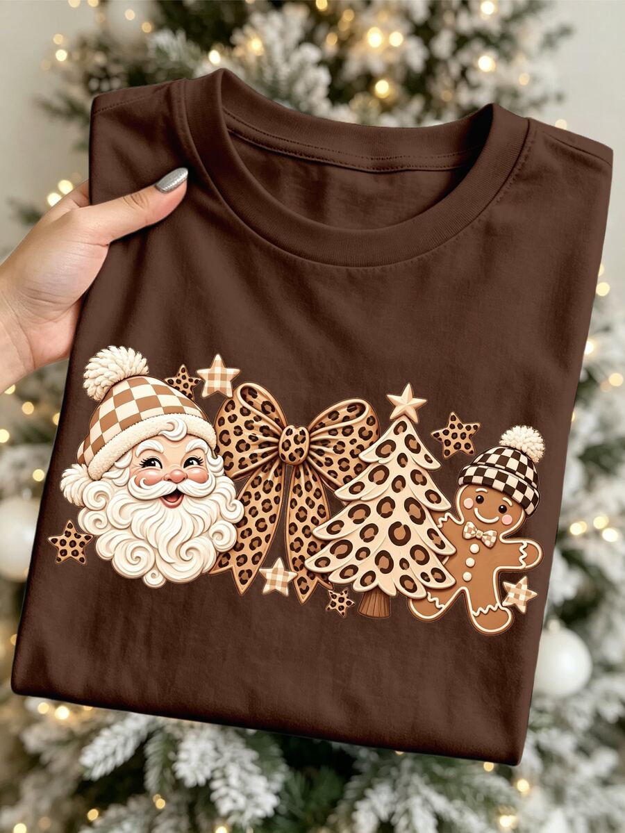 EMERY ROSE Kaos Halloween Motif Leopard dengan Pita dan Ukuran Besar, Motif Vintage, Musim Gugur, Longgar, Lengan Pendek, untuk Wanita, Natal. - Coffee Brown - View 1