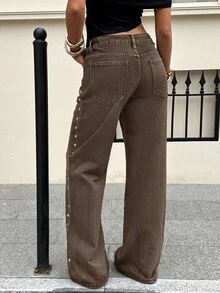 Siren Gaze Women's Rivet Design Pocket Wide Leg Loose Fit Jeans - Brown - View 4