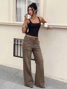 Siren Gaze Women's Rivet Design Pocket Wide Leg Loose Fit Jeans - Brown - View 7