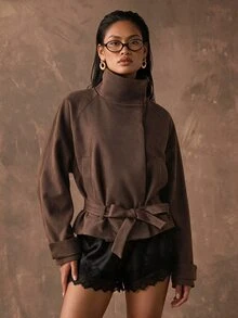 Silquee SHEIN BAE 純色寬鬆立領極簡工裝夾克 - 咖啡棕 - 查看 3
