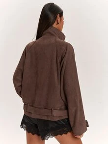 Silquee SHEIN BAE 純色寬鬆立領極簡工裝夾克 - 咖啡棕 - 查看 2