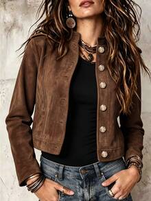 Trelyra Women's Fashion Faux Suede Stand Collar Shoulder Epaulettes Gold Button Slim Fit Jacket, Suitable For Daily Commute, Date, Travel Wear - Brown - View 3