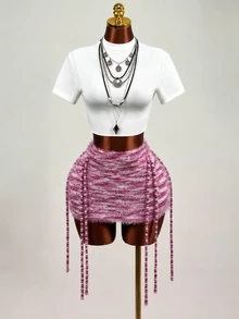 Mistrie Women's Sweater And Half-Length Skirt, Pink And White, Fall And Casual, Commuting, Sexy, Slimmi Night Out Club - Multicolor - View 2