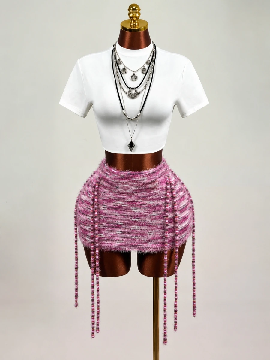 Mistrie Women's Sweater And Half-Length Skirt, Pink And White, Fall And Casual, Commuting, Sexy, Slimmi Night Out Club