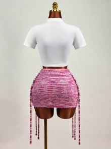 Mistrie Women's Sweater And Half-Length Skirt, Pink And White, Fall And Casual, Commuting, Sexy, Slimmi Night Out Club - Multicolor - View 3