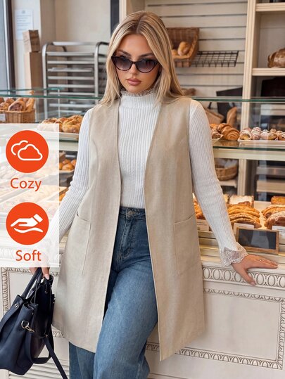 Auralis Plus Size Women Solid Color Pocket Casual Versatile Daily Wear Jacket Elegant Office Business Work Autumn Khaki