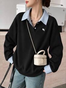 SHEIN 青少年女孩極簡風假領層次長袖衛衣，襯衫領設計，適合秋冬街頭風或休閒學院風穿搭 - 黑色 - 查看 4