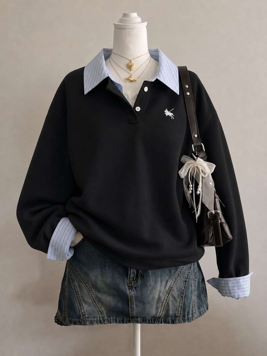 SHEIN 青少年女孩極簡風假領層次長袖衛衣,襯衫領設計,適合秋冬街頭風或休閒學院風穿搭 - 黑色 - 查看 1
