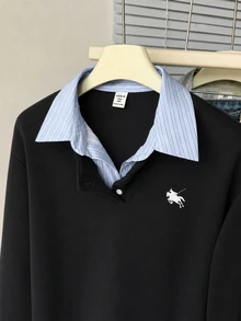 SHEIN 青少年女孩極簡風假領層次長袖衛衣，襯衫領設計，適合秋冬街頭風或休閒學院風穿搭 - 黑色 - 查看 5