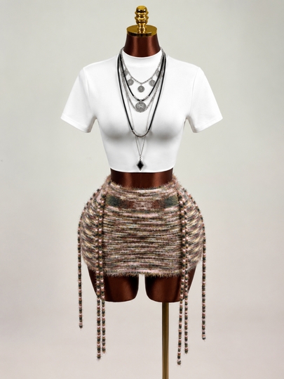 Mistrie Women's Sweater And Half-Length Skirt, Dark Brown, Autumn And Winter Casual, Commuting, Sexy, Slimmi