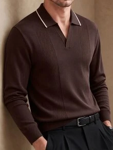 Core Aspect Men's Old Money Style, Mature, Fashionable Long Sleeve Casual Sweater - Coffee Brown - View 3