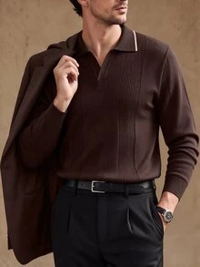 Core Aspect Men's Old Money Style, Mature, Fashionable Long Sleeve Casual Sweater - Coffee Brown - View 1