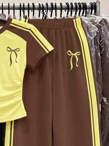 青少年女孩 T-shirt 與童裝長褲針織 2 件套，休閒日常時尚百搭 - 白色 - 查看 7