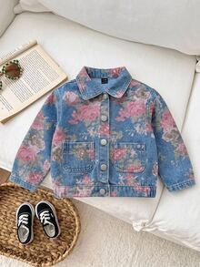 Chaqueta de manga larga de mezclilla azul con estampado floral para bebé niña - Azul lavado medio - Ver 7